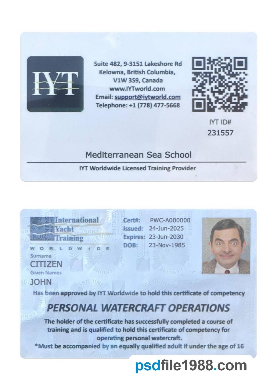 Canada British Columbia International Yacht Training Card